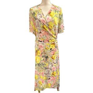 INC Wrap Dress Womens 20W Yellow‎ Floral Midi Semi Sheer Lined Flowy Romantic